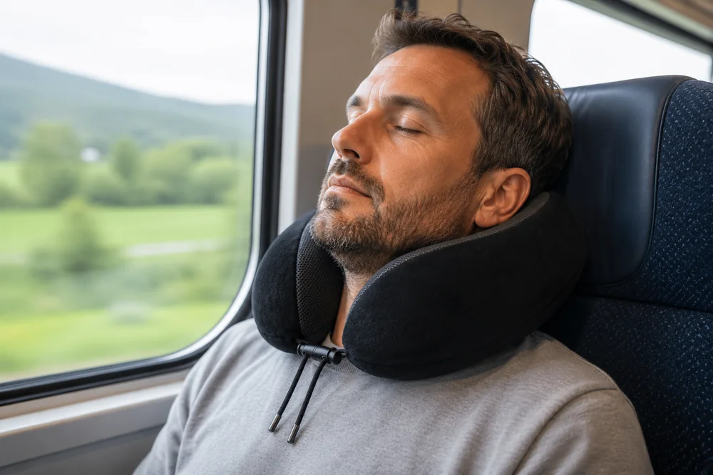 Cuscino da viaggio a U intorno al collo su un sedile del treno